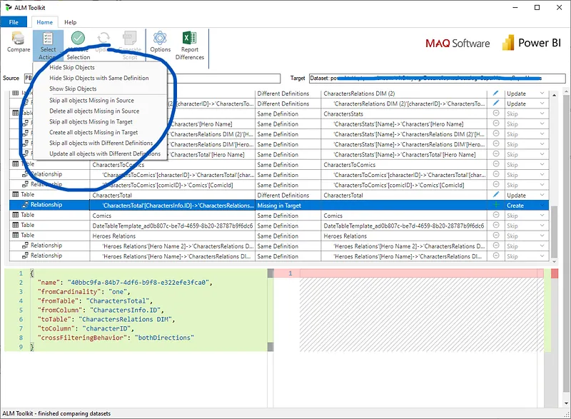 Opciones disponibles en Select Actions