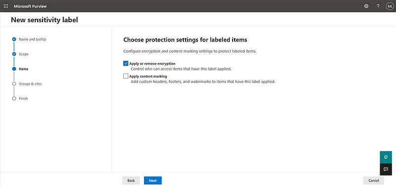 Elija la configuración de protección para los elementos etiquetados