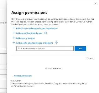 Panel de asignación de permisos