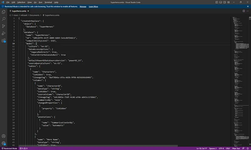 Archivo XMLA descargado y abierto desde Visual Studio Code