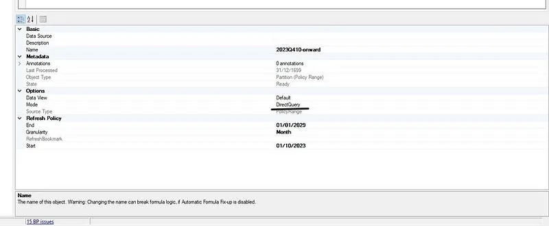 Detalles de una partición en modo Import y de la última en modo DirectQuery